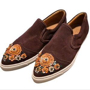 Coach Suede Embroidered Slip-On Sneakers – Brown – Size 8B – New